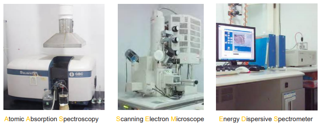 検査及び分析設備の写真。左からAAS（Atomic Absorption Spectroscopy）、SEM（Scanning Electron Microscope）、EDS（Energy Dispersive Spectrometer）